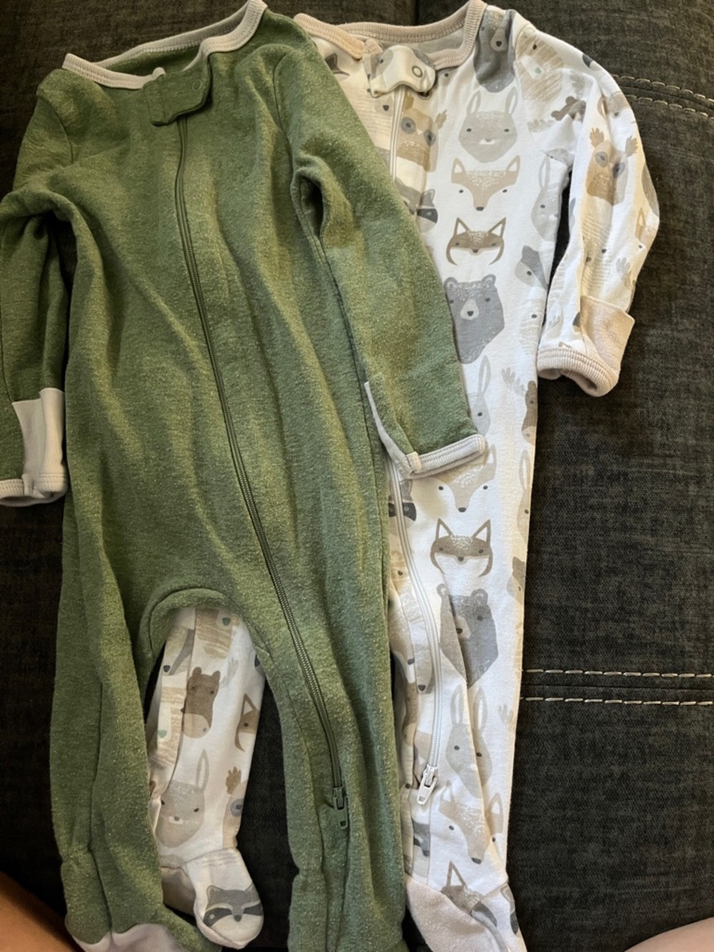 cloud island Green and Cream Woodland Zip Footed One-Pieces